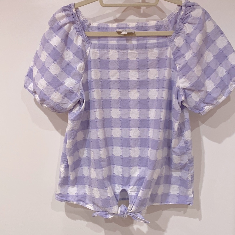 Loft S lavender plaid short sleeved summer tie top